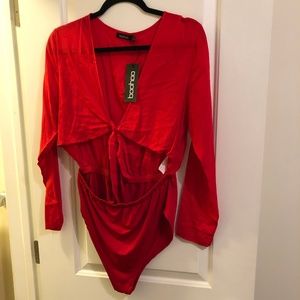 Boohoo Tie Front Bodysuit Red